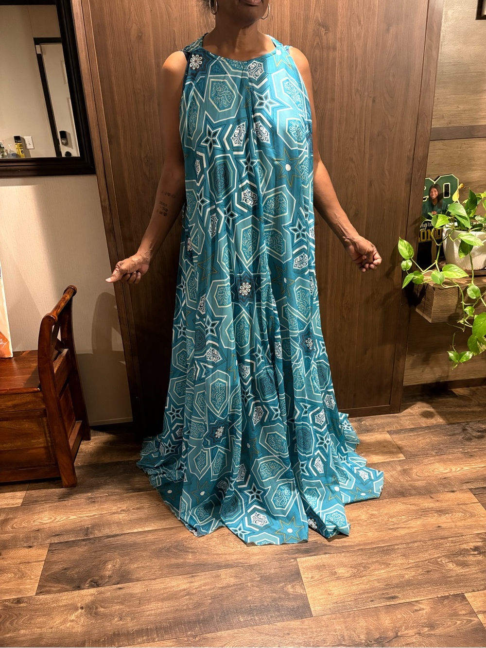 Sleeveless Teal Geometric Maxi Dress